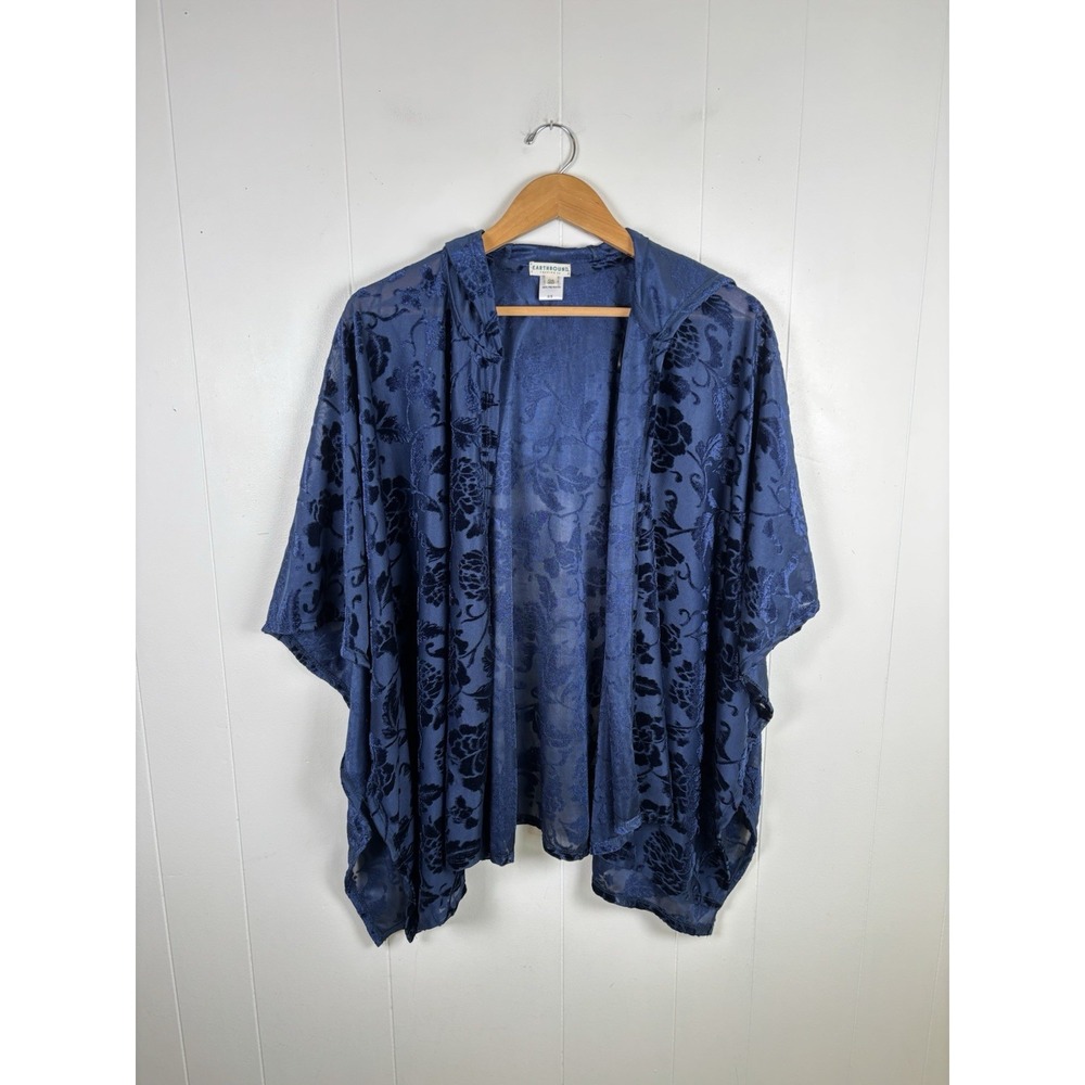Earthbound Trading Co Hooded Cape Womens OS Blue Floral Wrap Burnt Out Style